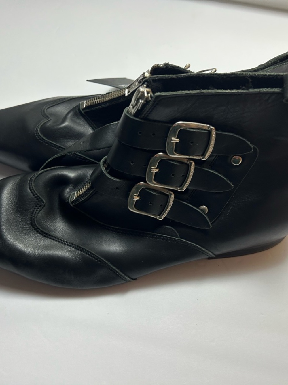 Underground Black Leather Pointed Buckle Ankle Boots - Picture 2 of 3